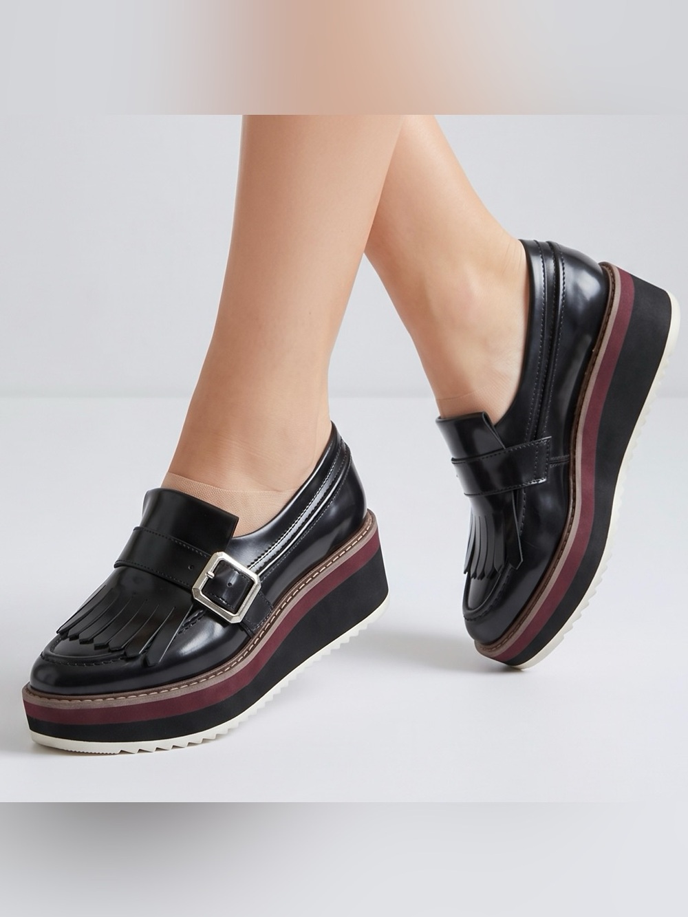 ZARA WOMAN Black Patent Derby Fringe Stacked Platform Loafer 36/ 5.5 US